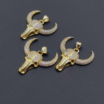 Bull Skull Pendant, CZ Gold Pave Cow Skull Charm - A Girls Gems
